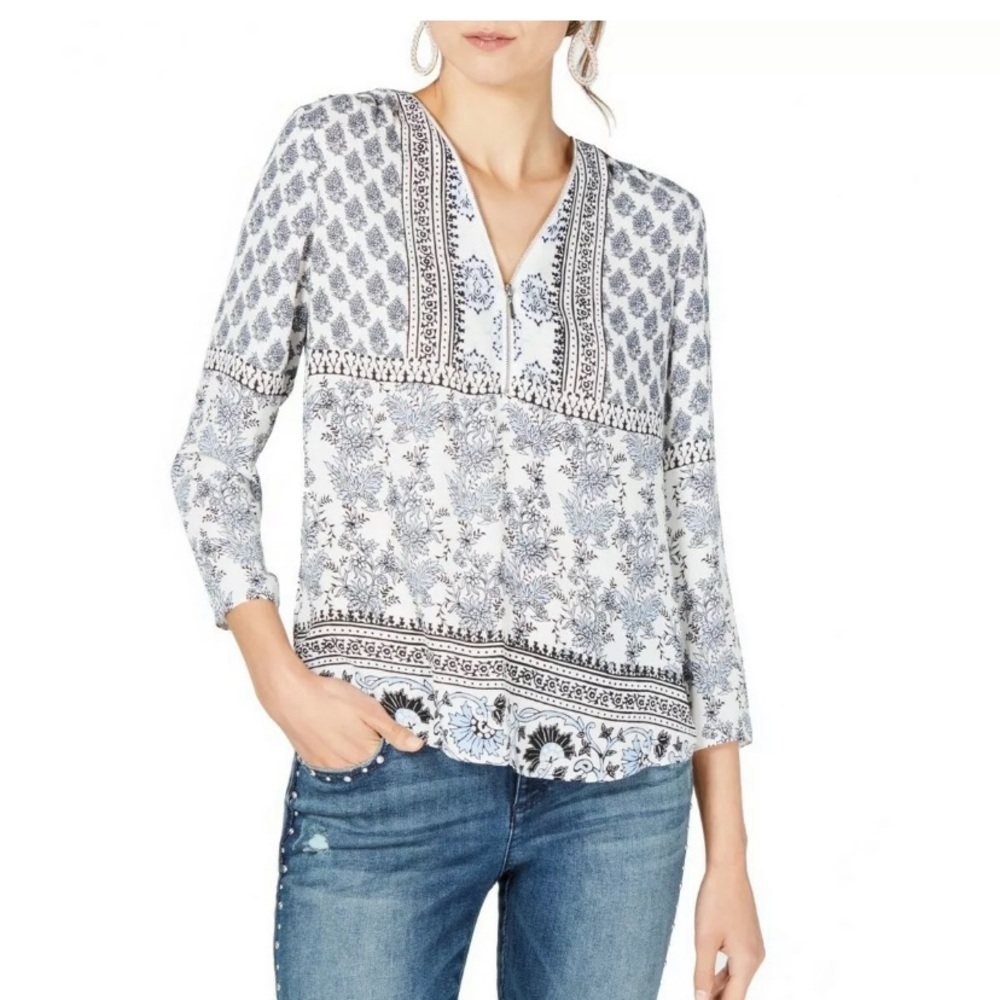 INC 3/4 Sleeve Floral Dandy Zip Neck Blouse MED